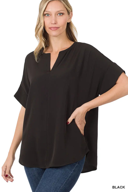 Heavy Woven Span Split Neck Short Sleeve Top