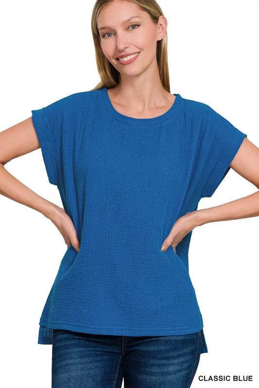 Zenana Women's Double Gauze Round Neck Folded Sleeve Top - Classic Blue Zenana