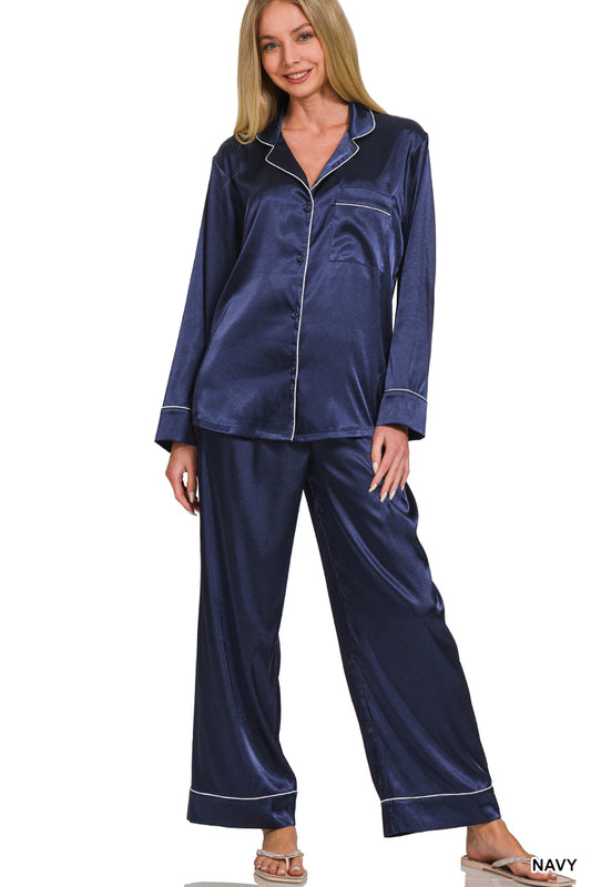 Zenana Women's Satin Long Sleeve Pajama Set - Navy