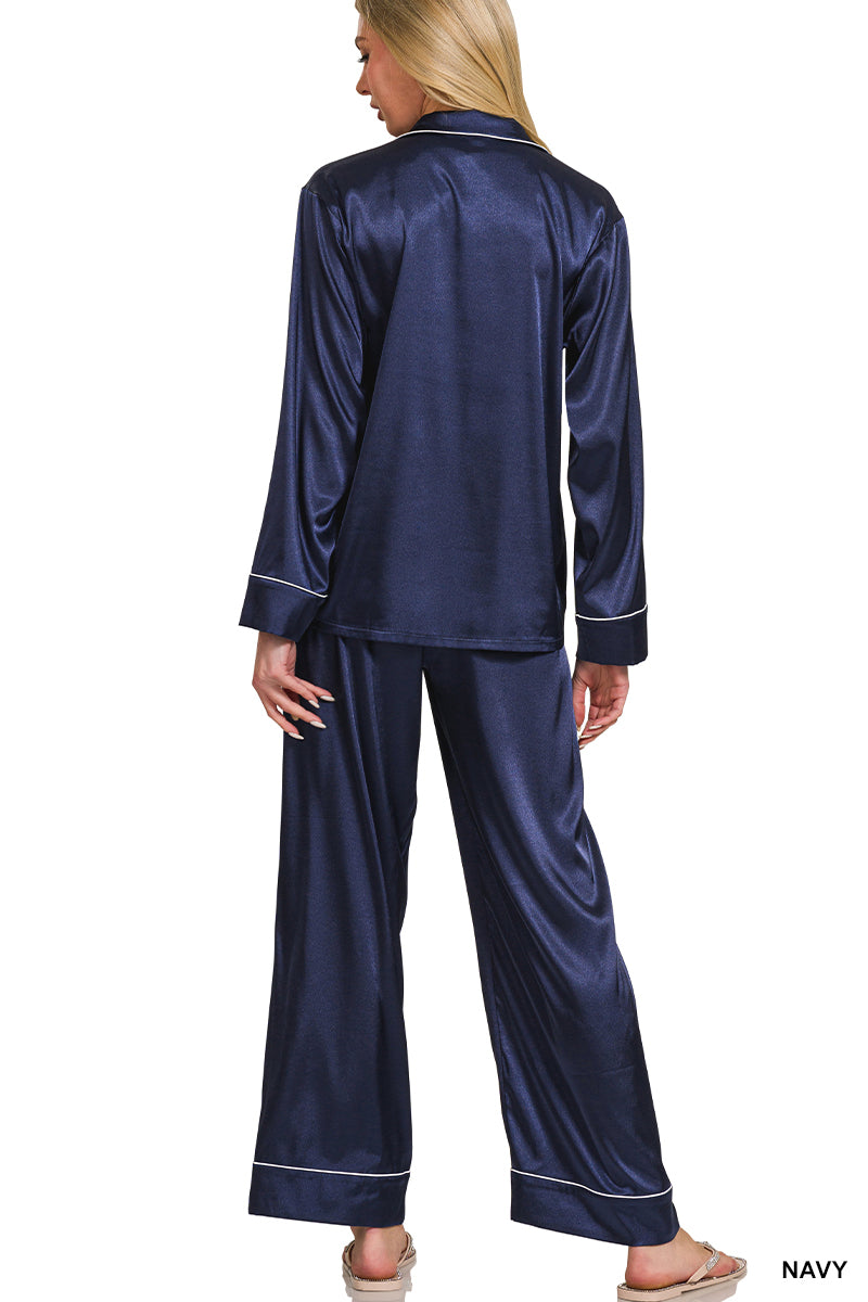 Zenana Women's Satin Long Sleeve Pajama Set - Navy