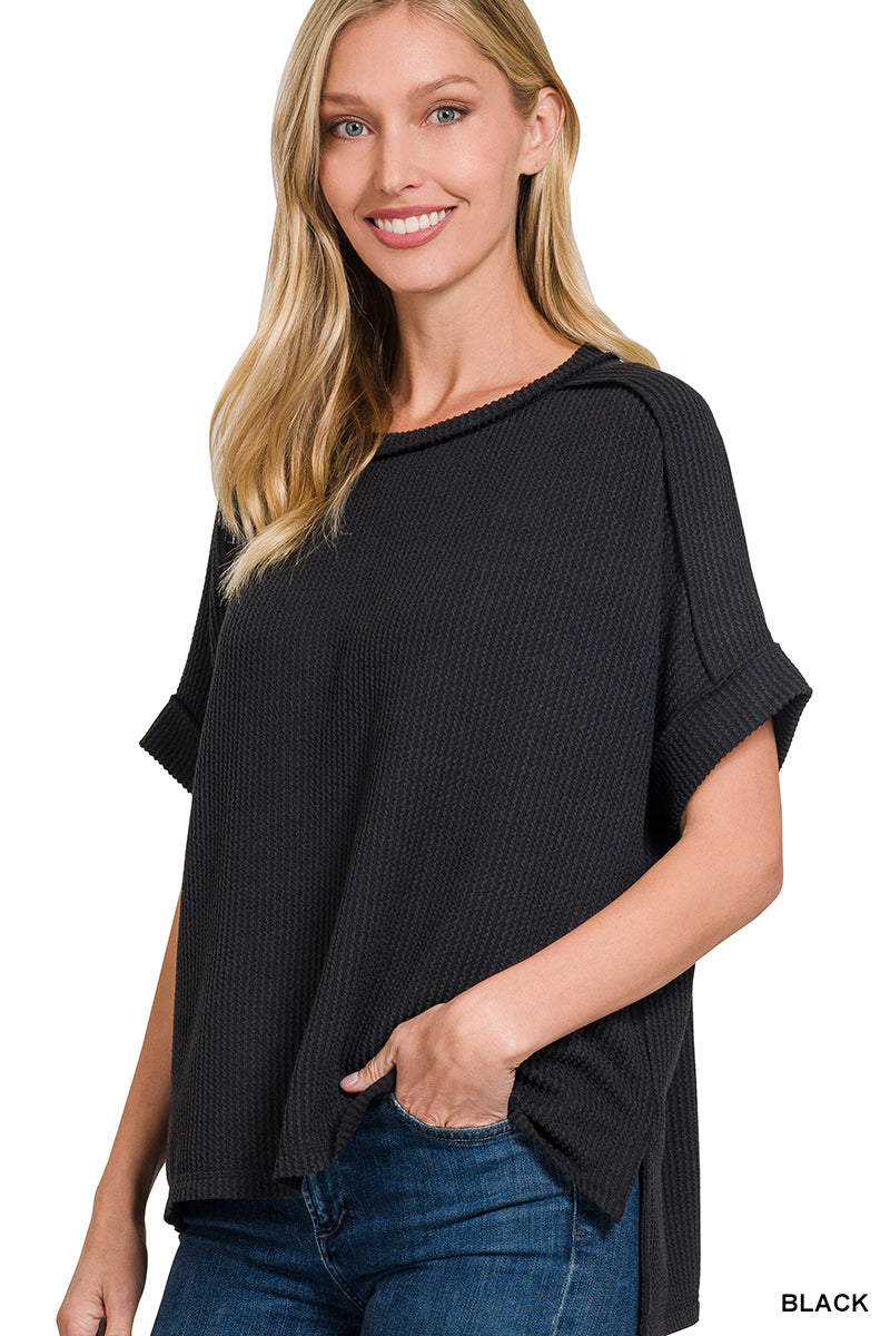 Zenana Women's Raised Rib Cuff Sleeve Raw Edge Top - Black