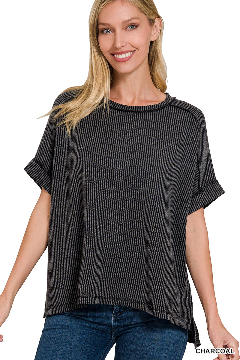 Zenana Women's Raised Rib Cuff Sleeve Raw Edge Top - Charcoal