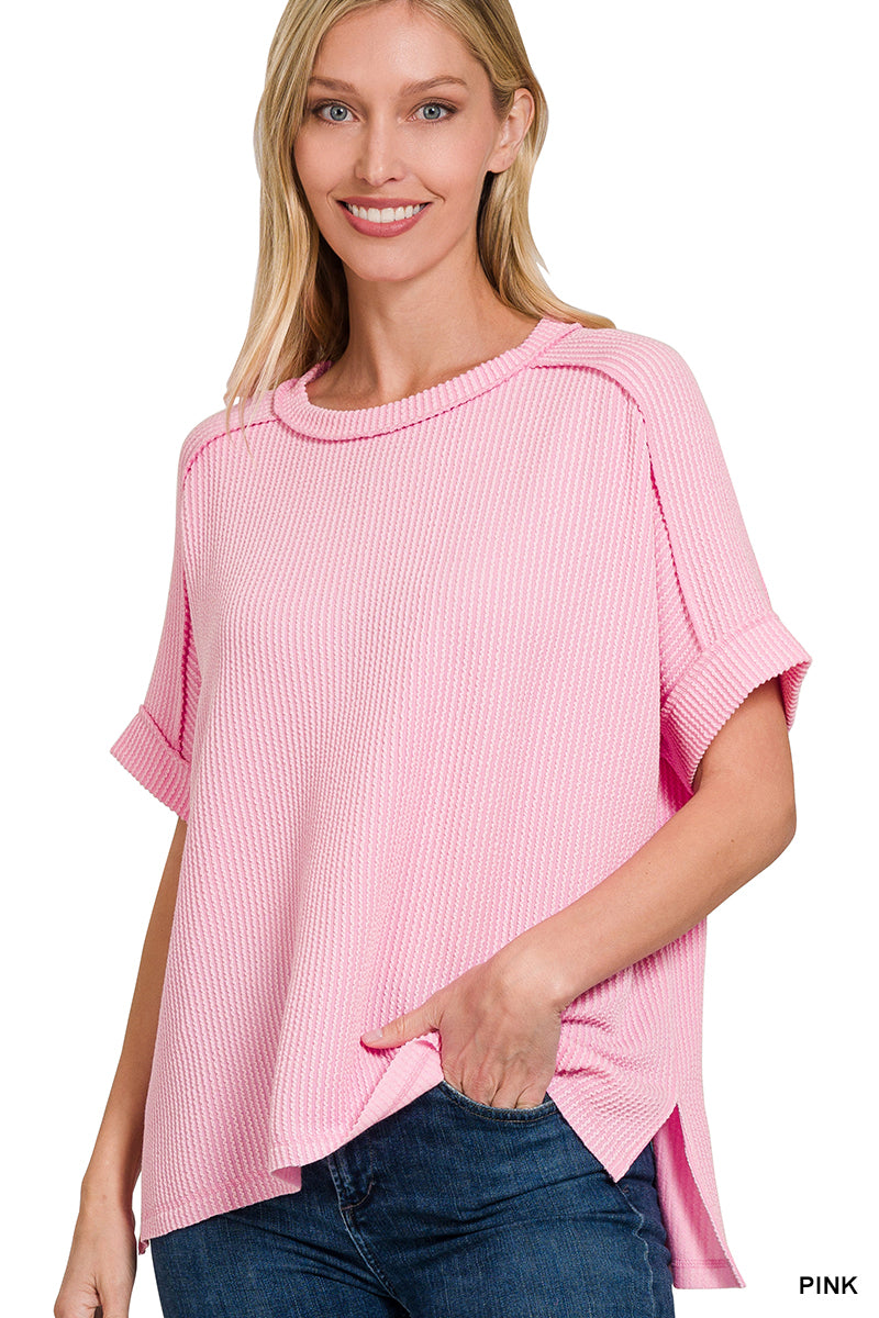 Zenana Women's Raised Rib Cuff Sleeve Raw Edge Top - Pink