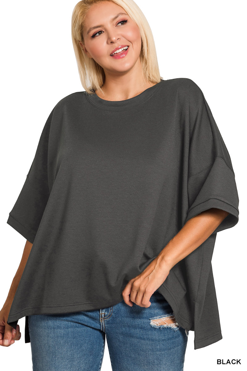 Zenana Women's Plus Scuba Round Neck Top with Side Slits - Black