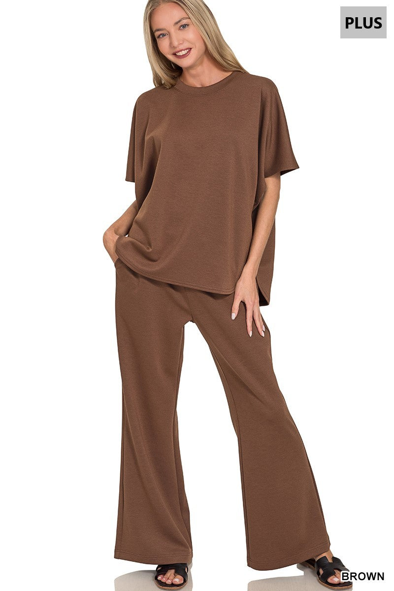 Zenana Women's Plus Scuba Curbed Hem Top & Pants Set - Brown