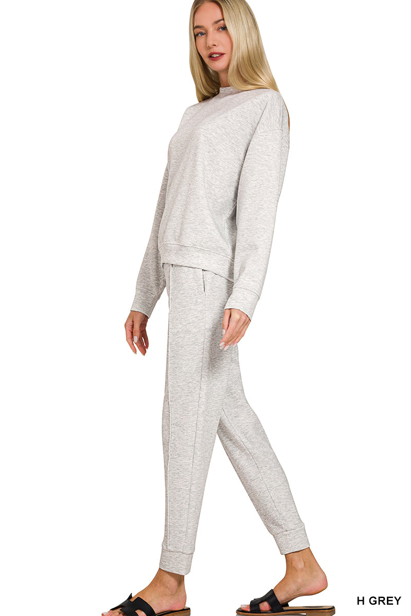 Zenana Women's Scuba Mock Neck Pullover & Joggers Set - Heather Grey
