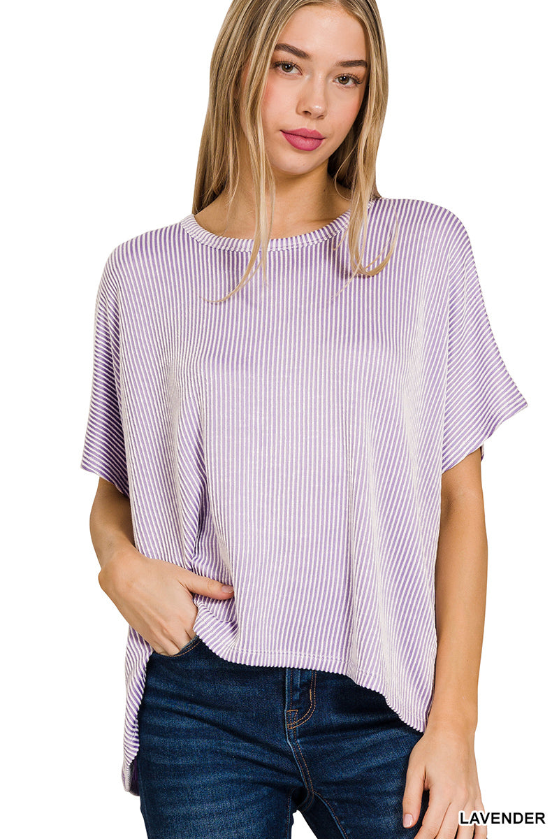 Zenana Women's Ribbed Striped Oversized Short Sleeve Top - Lavender