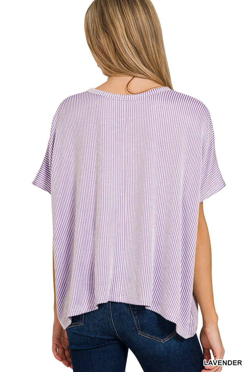 Zenana Women's Ribbed Striped Oversized Short Sleeve Top - Lavender