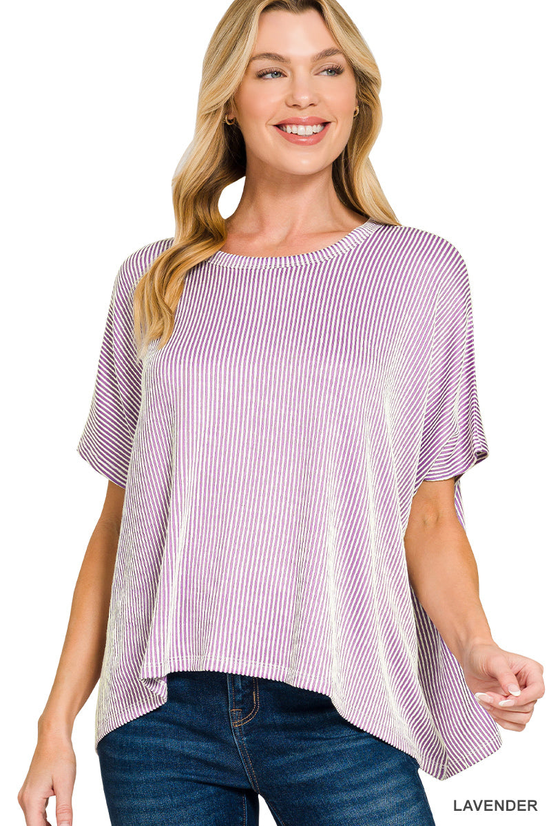 Zenana Women's Ribbed Striped Oversized Short Sleeve Top - Lavender