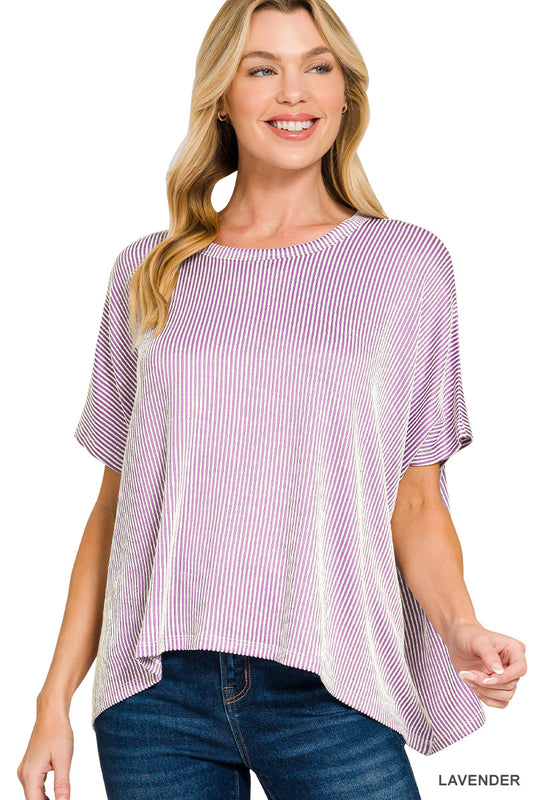 Zenana Women's Ribbed Striped Oversized Short Sleeve Top - Lavender