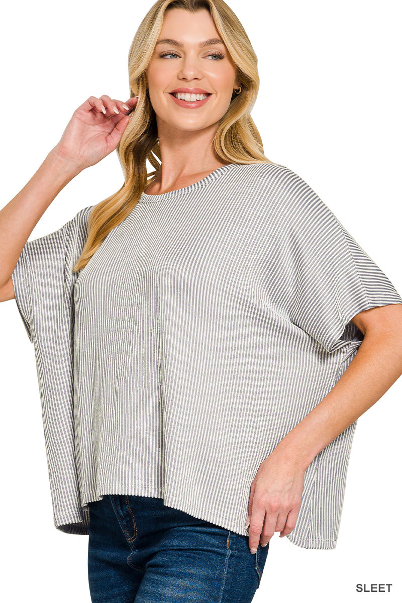 Zenana Women's Ribbed Striped Oversized Short Sleeve Top - Sleet