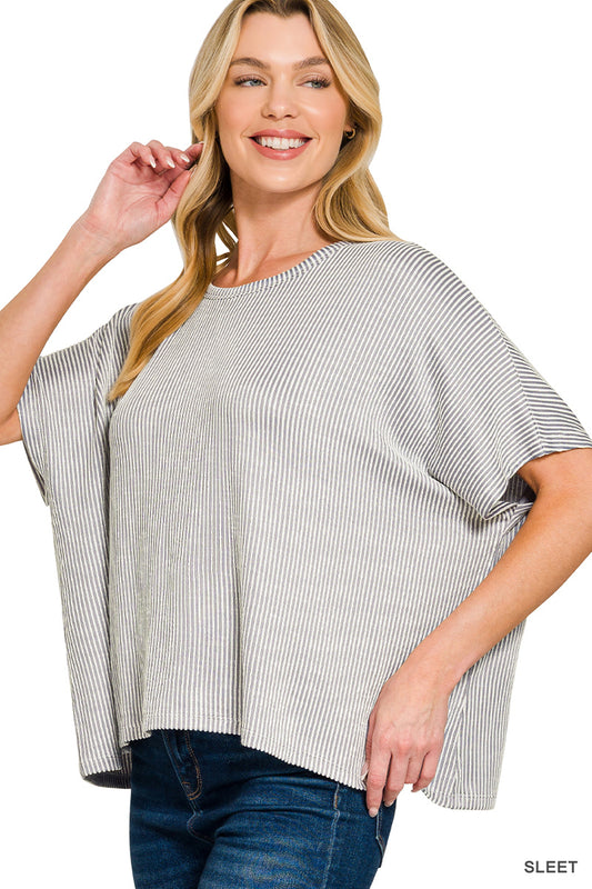 Zenana Women's Ribbed Striped Oversized Short Sleeve Top - Sleet