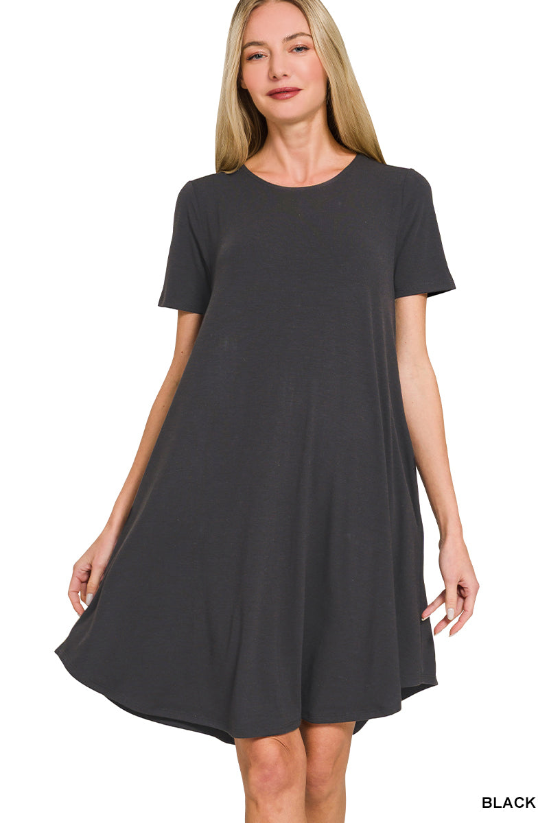 Zenana Women's Short Sleeve Round Hem A-line w/ Side Pockets Dress - Black