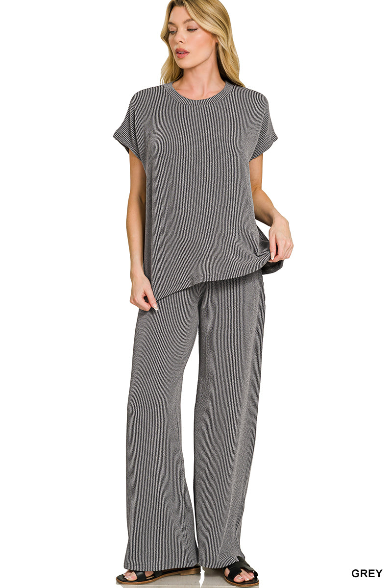Zenana Women's Raised Rib Relaxed Top & Pants Set - Grey