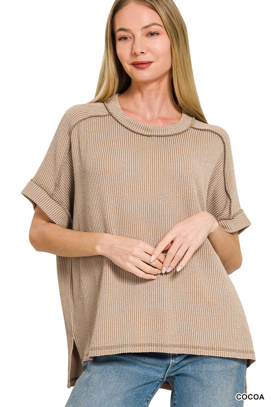 Zenana Women's Raised Rib Cuff Sleeve Raw Edge Top - Cocoa