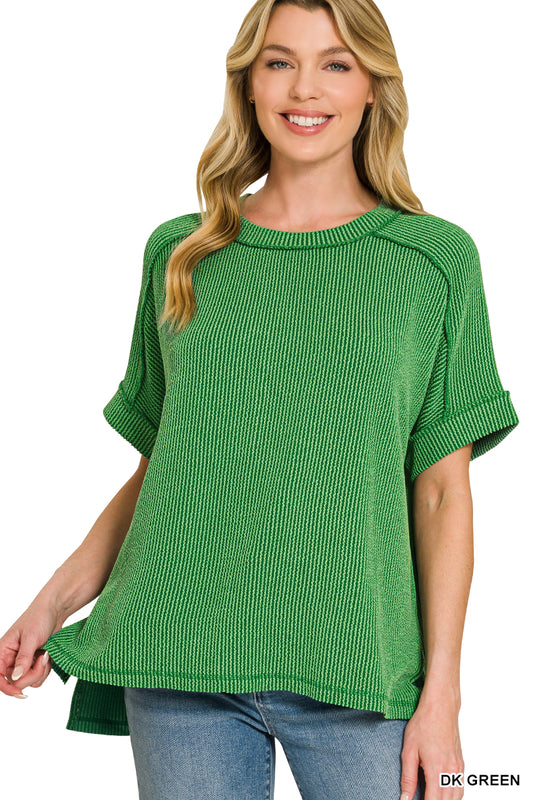 Zenana Women's Raised Rib Cuff Sleeve Raw Edge Top - Dark Green