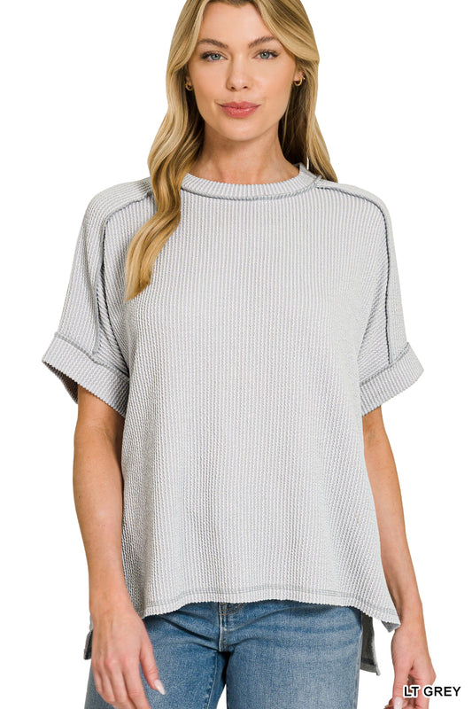Zenana Women's Raised Rib Cuff Sleeve Raw Edge Top - Light Gray