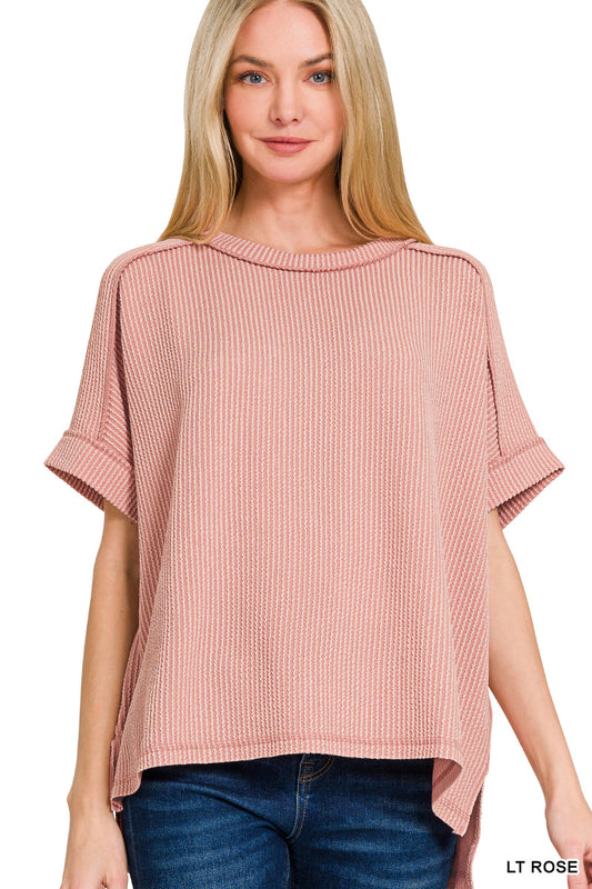 Zenana Women's Raised Rib Cuff Sleeve Raw Edge Top - Light Rose