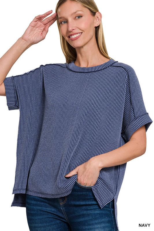 Zenana Women's Raised Rib Cuff Sleeve Raw Edge Top - Navy