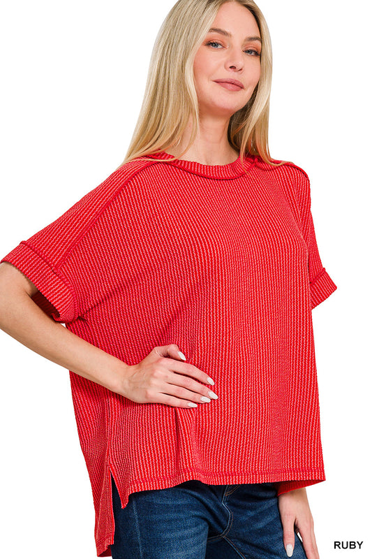 Zenana Women's Raised Rib Cuff Sleeve Raw Edge Top - Ruby Red