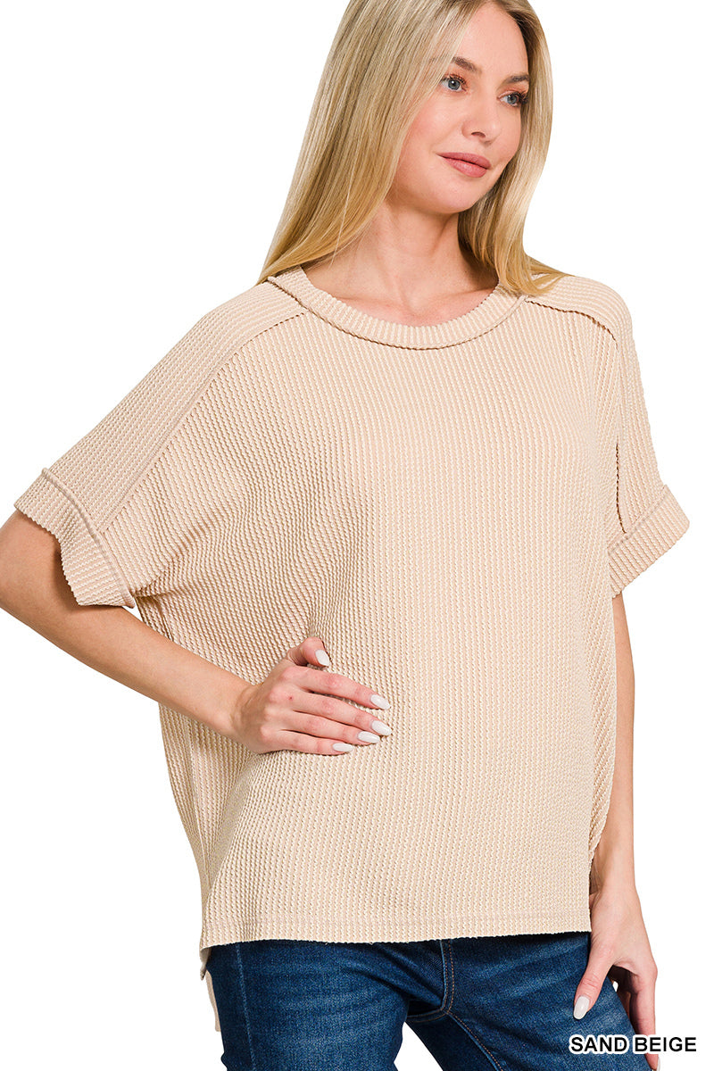 Zenana Women's Raised Rib Cuff Sleeve Raw Edge Top - Sand Beige