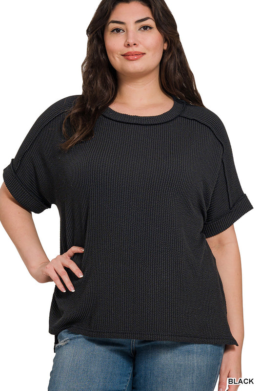 Zenana Women's Plus Raised Rib Cuff Sleeve Raw Edge Top - Black