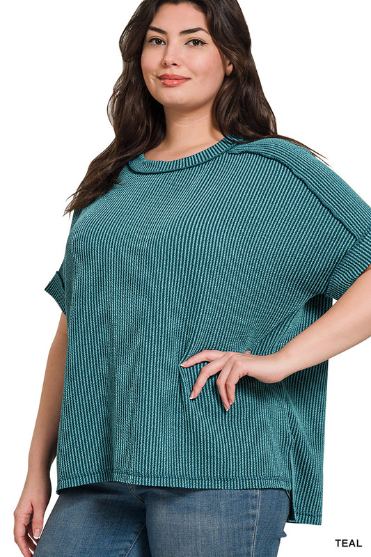 Zenana Women's Plus Raised Rib Cuff Sleeve Raw Edge Top - Teal