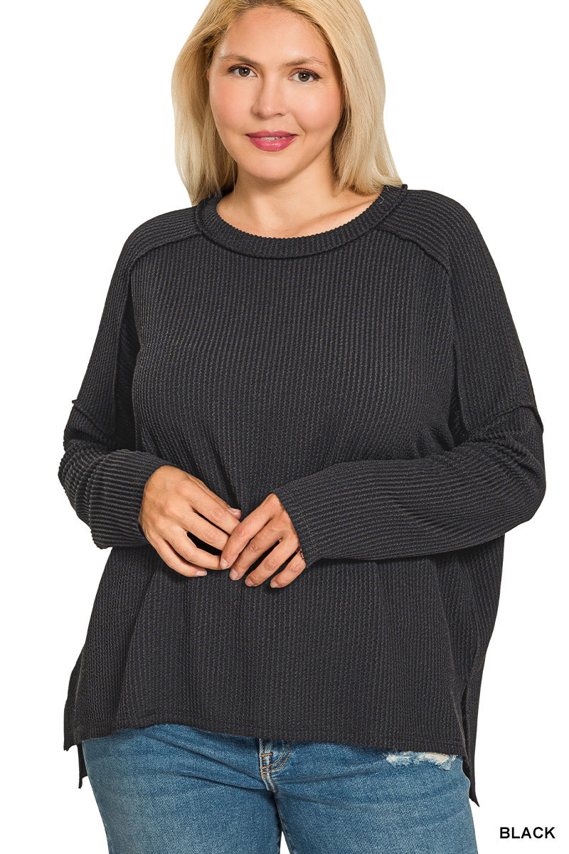 Zenana Women's Plus Raised Rib Raw Edge Boat Neck Long Sleeve - Black