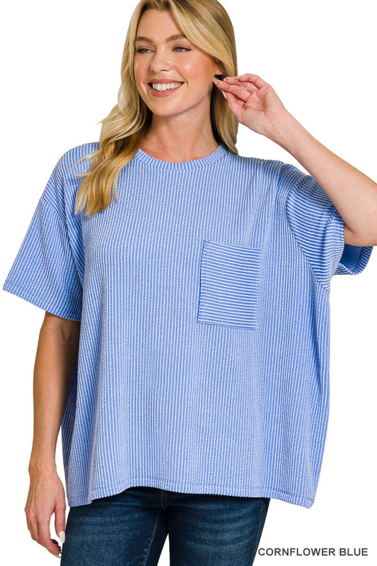 Zenana Women's Raised Rib Short Sleeve Front Pocket Top - Cornflower Blue