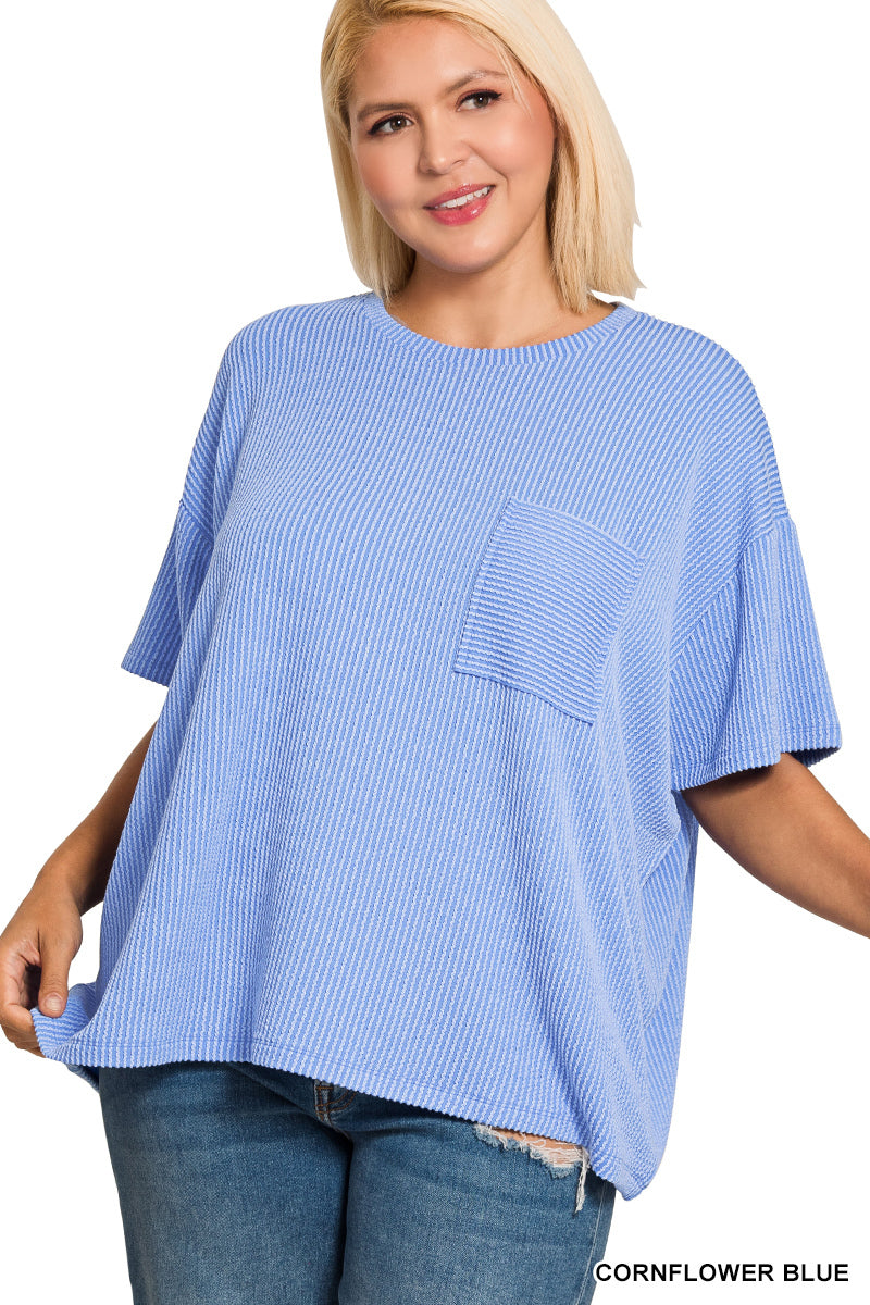 Zenana Women's Raised Rib Short Sleeve Front Pocket Plus Top - Cornflower Blue