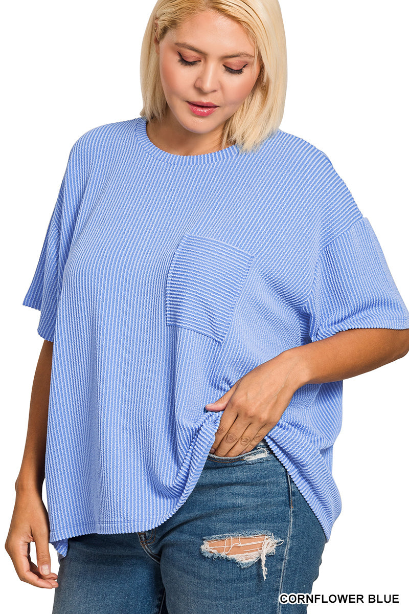 Zenana Women's Raised Rib Short Sleeve Front Pocket Plus Top - Cornflower Blue