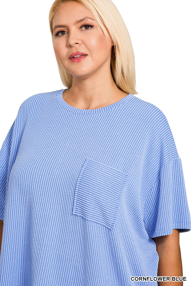 Zenana Women's Raised Rib Short Sleeve Front Pocket Plus Top - Cornflower Blue