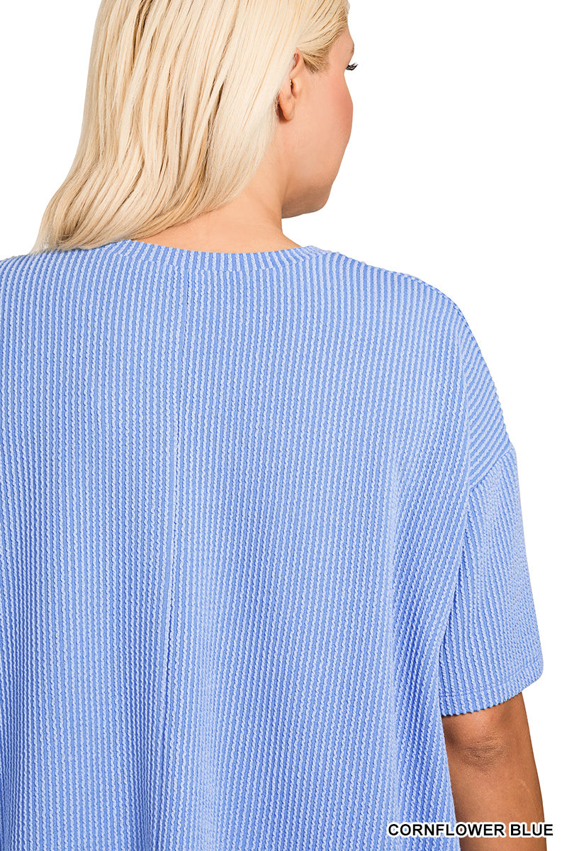 Zenana Women's Raised Rib Short Sleeve Front Pocket Plus Top - Cornflower Blue