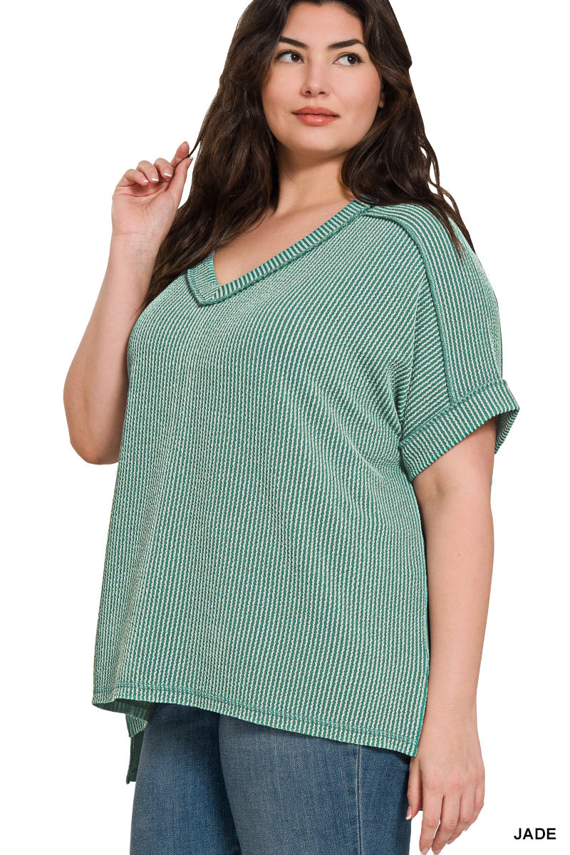Zenana Women's Raised Rib Short Sleeve High Low V-Neck Plus Top - Jade