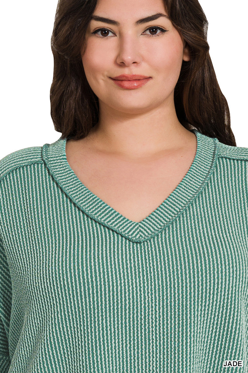 Zenana Women's Raised Rib Short Sleeve High Low V-Neck Plus Top - Jade