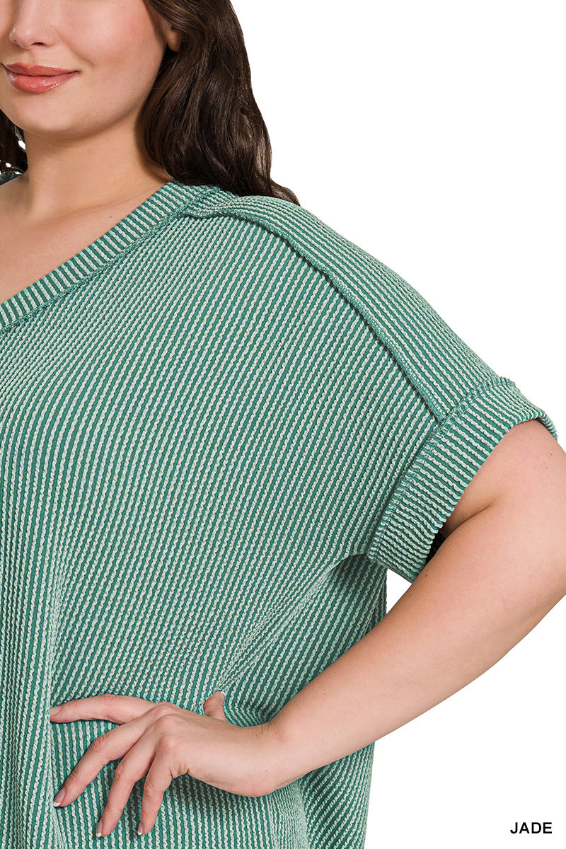 Zenana Women's Raised Rib Short Sleeve High Low V-Neck Plus Top - Jade