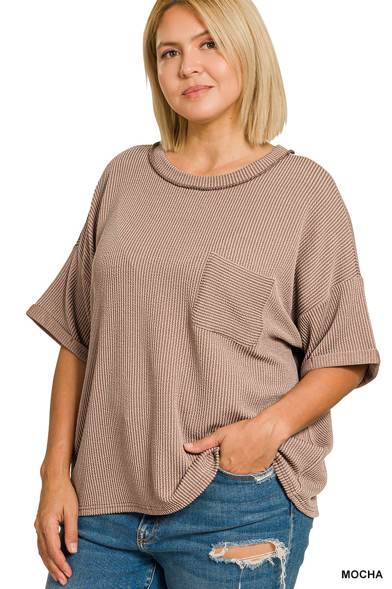 Zenana Women's Raised Rib Short Sleeve Front Pocket Plus Top - Mocha