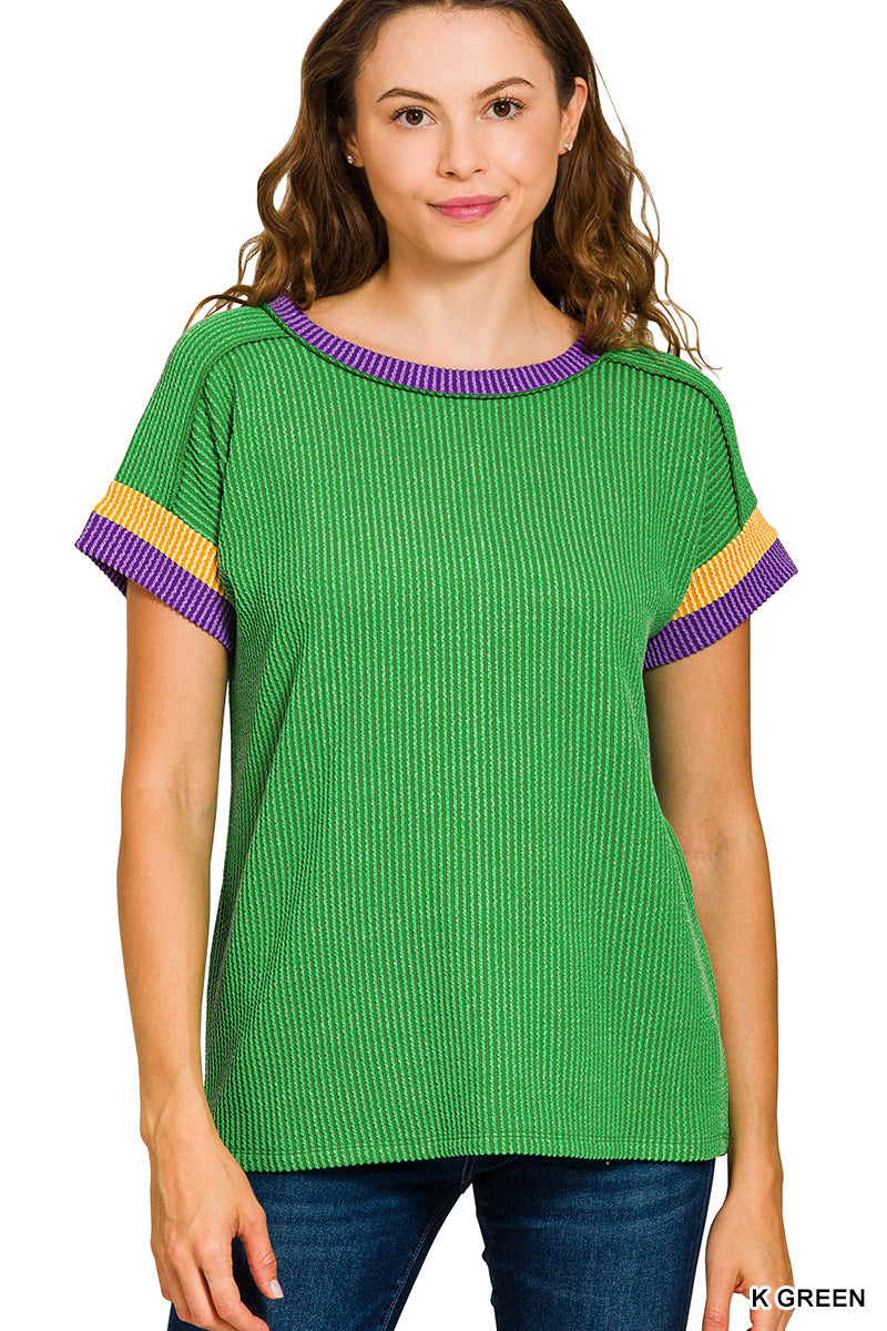 Zenana Women's Mardi Gras Rib Top - Green