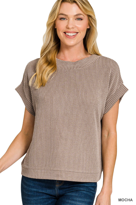 Zenana Women's Raised Rib Cap Sleeve Top - Mocha