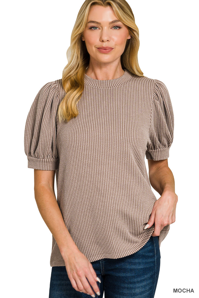 Zenana Women's Raised Rib Puff Sleeve Top - Mocha