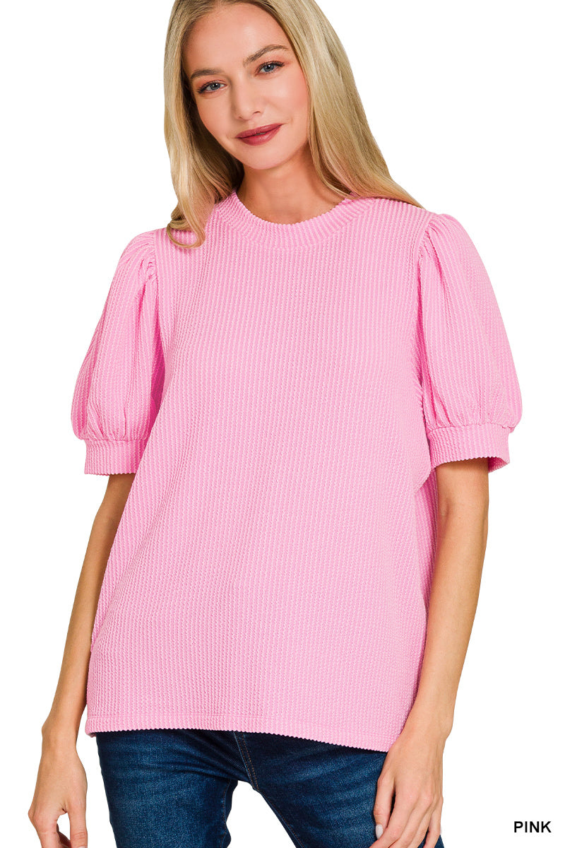Zenana Raised Rib Puff Sleeve Top - Pink