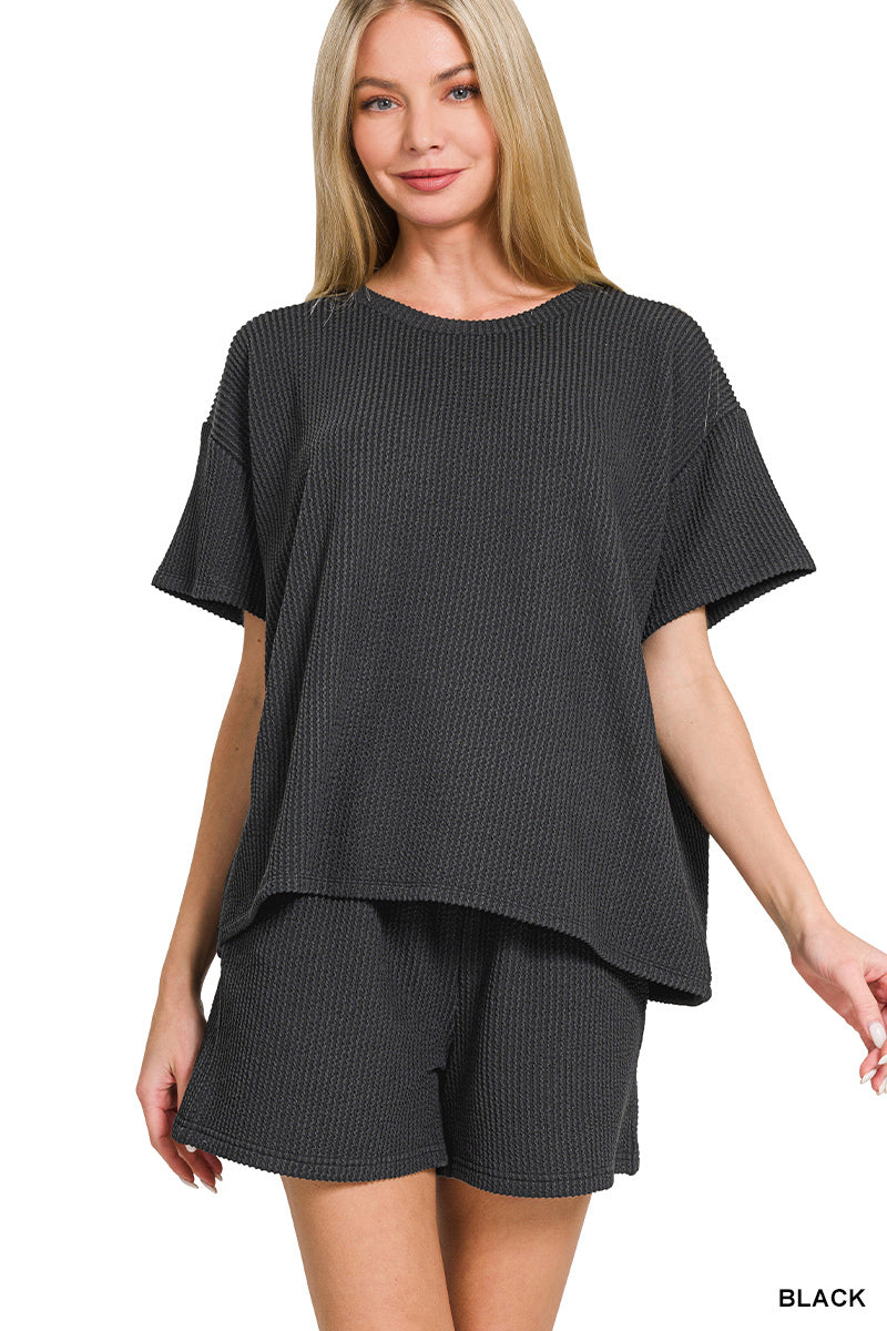 Zenana Women's Raised Rib Short Sleeve Tee & Shorts Set - Black