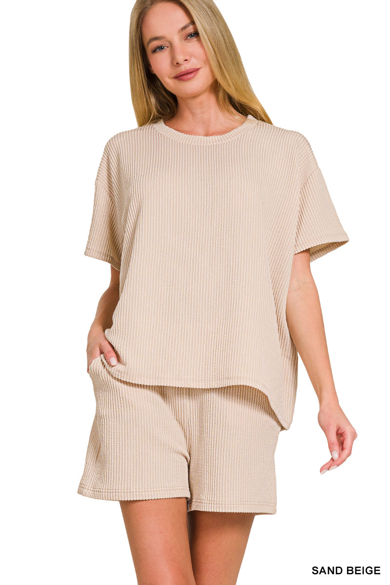 Zenana Women's Raised Rib Short Sleeve Tee & Shorts Set -Sand Beige