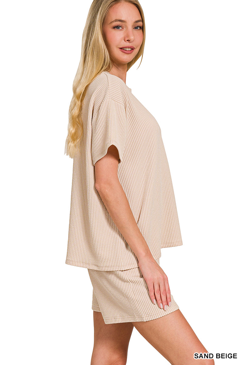 Zenana Women's Raised Rib Short Sleeve Tee & Shorts Set -Sand Beige