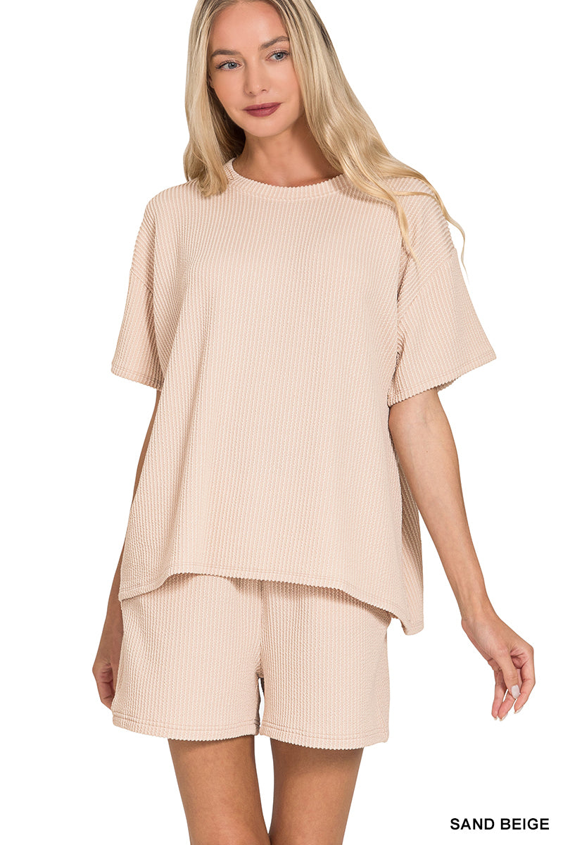 Zenana Women's Raised Rib Short Sleeve Tee & Shorts Set -Sand Beige