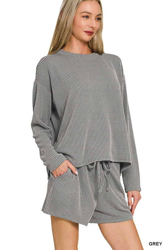 Zenana Women's Raised Rib Long Sleeve Tee & Shorts Set - Grey