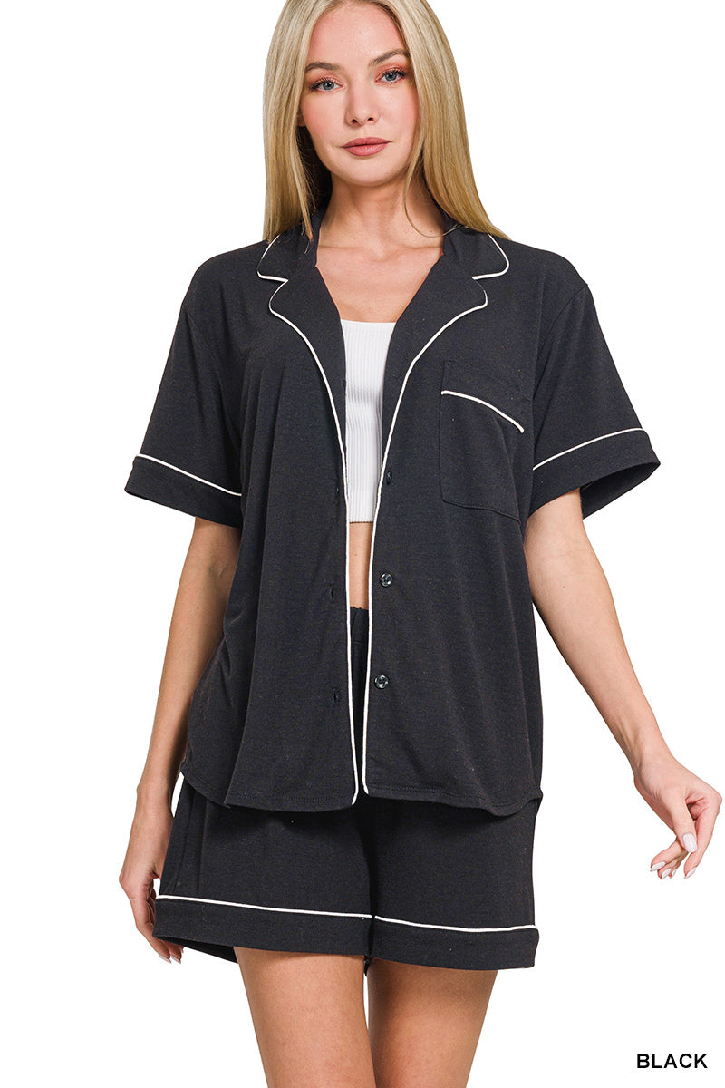 Zenana Women's Button Down Lounge Set - Black