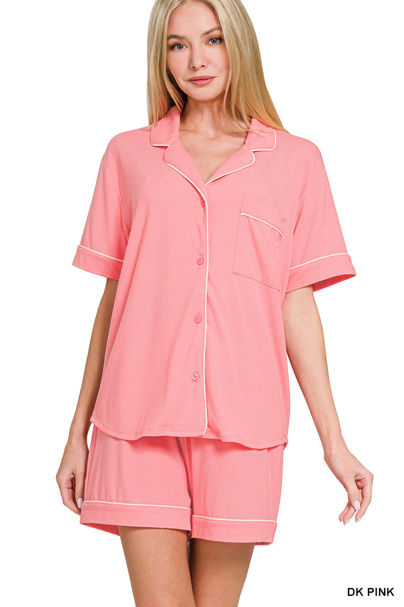 Zenana Women's Short Sleeve Button Down Shirts & Shorts 2 pcs Set - Dark Pink