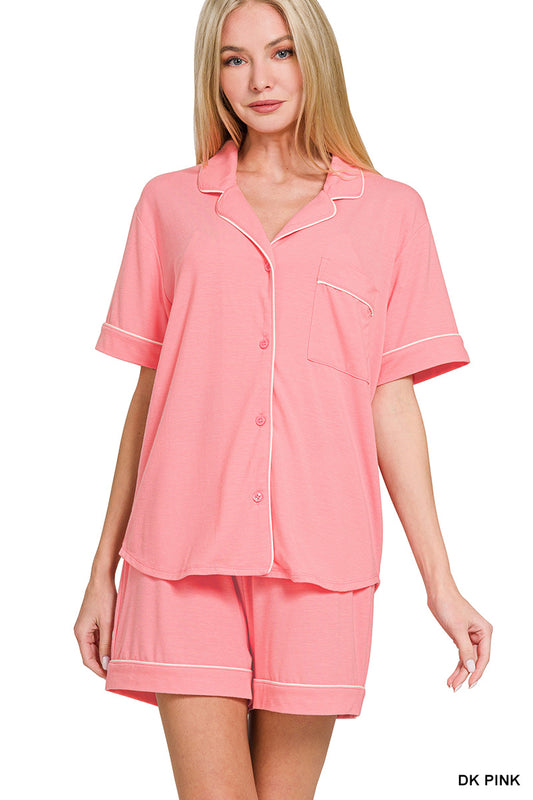 Zenana Women's Short Sleeve Button Down Shirts & Shorts 2 pcs Set - Dark Pink