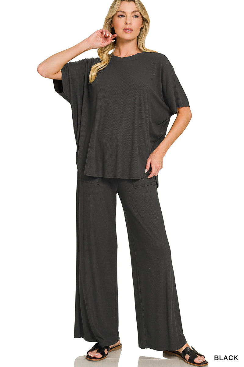 Zenana Women's Ribbed Rayon Relaxed Fit Top & Pants Set - Black